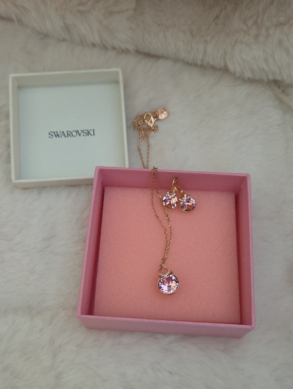 Swarovski Bella Rose-Gold Pink Crystal Pendant Necklace with Matching Earrings